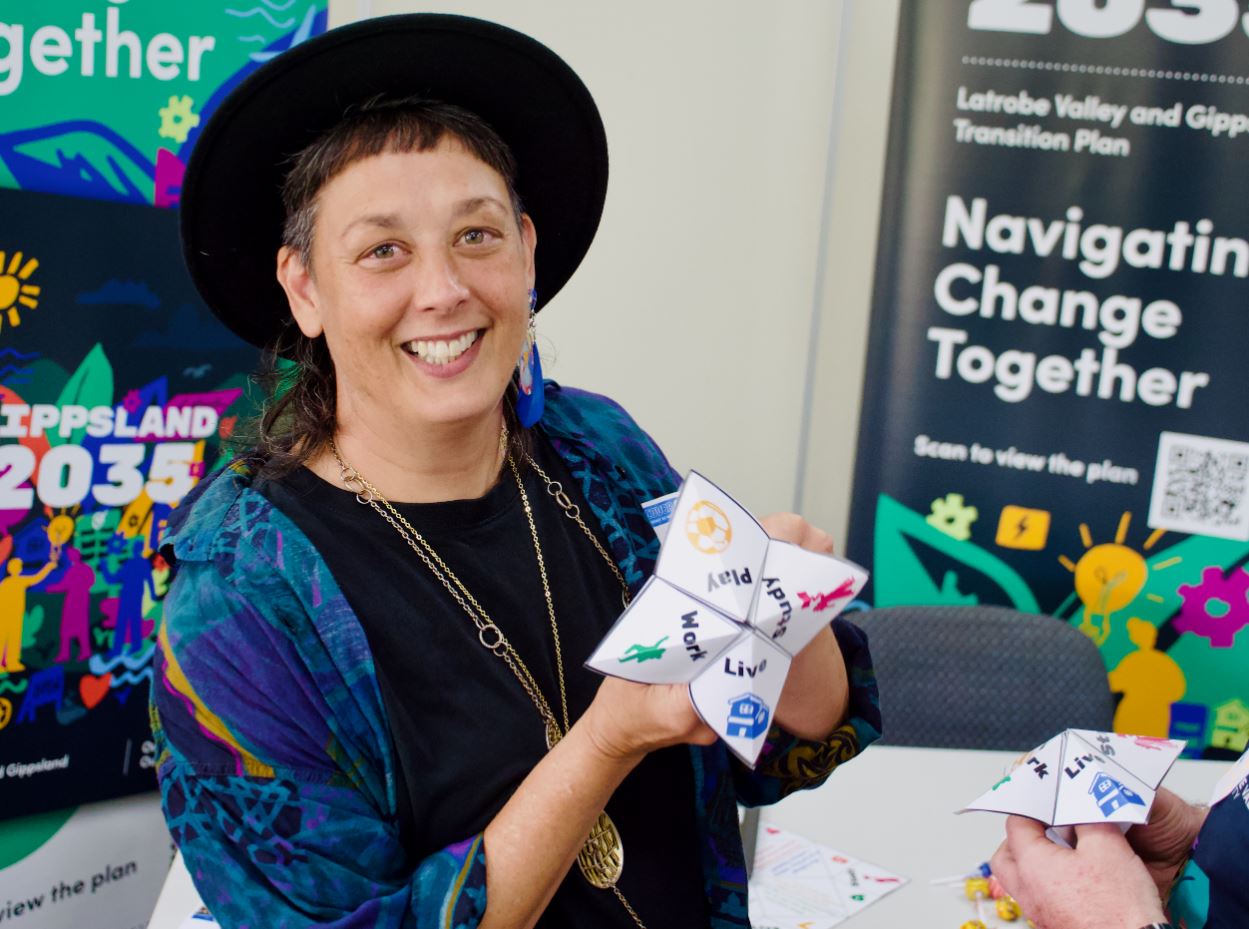 LVA's Jules Cole with chatterbox in hand at the Community College Gippsland Open Day